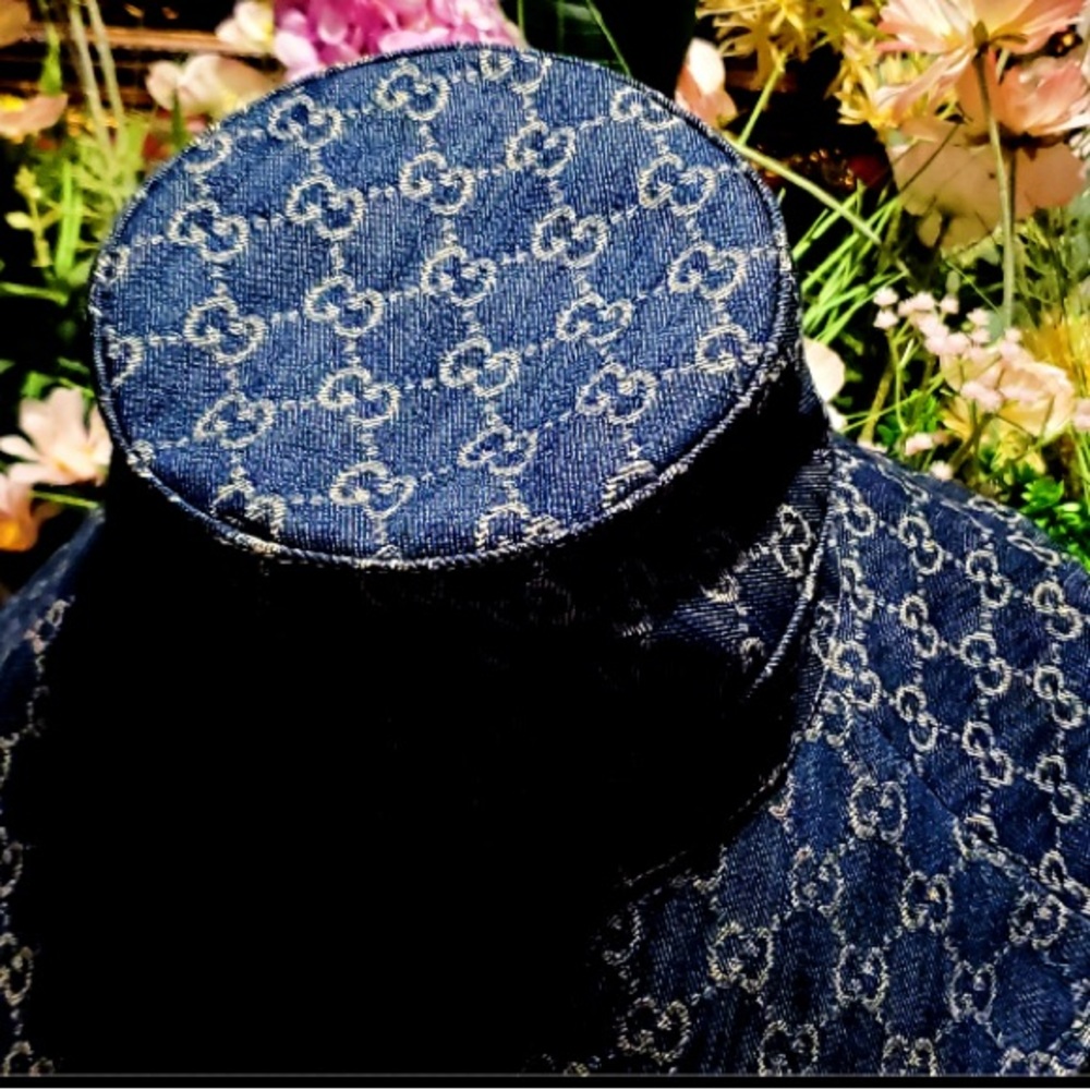 Denim Monogram Wide Large Brim Jacquard Bucket Hat Navy Blue Beach Sun Coverage - Picture 14 of 16